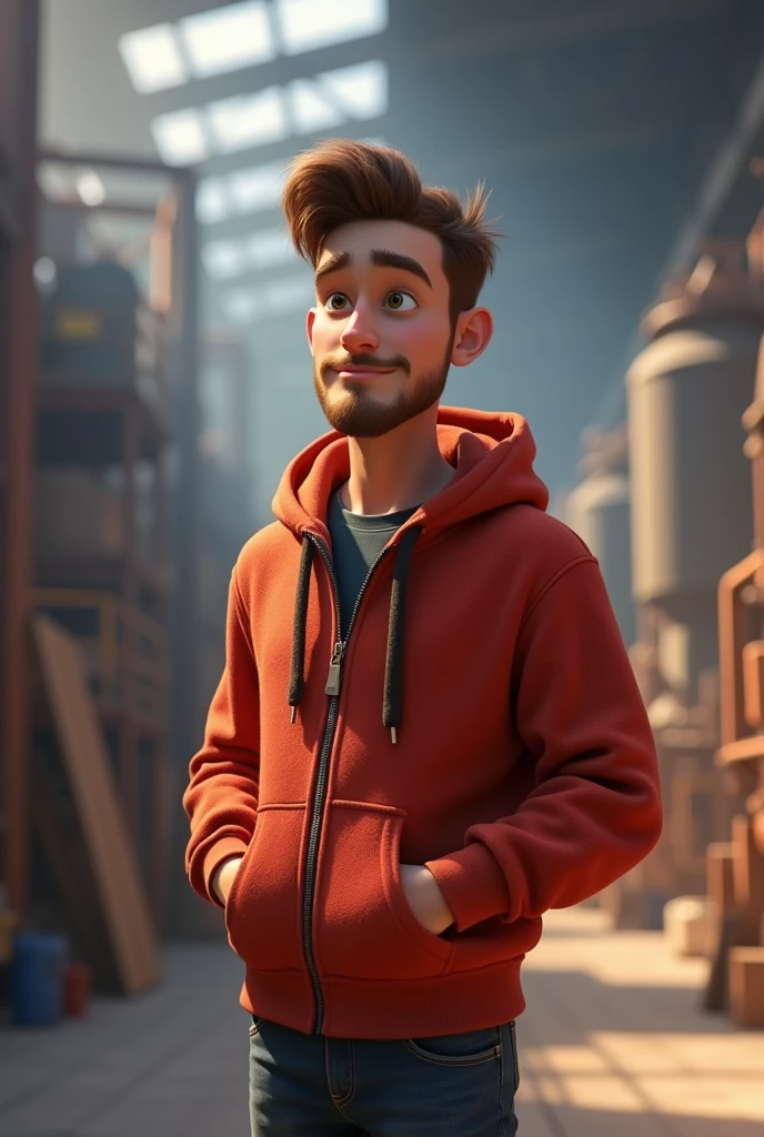 a male animated movie character in the Disney Pixar style, high qualiy, best quality , fleece sweatshirt , landscape of a factory, it's inside the production