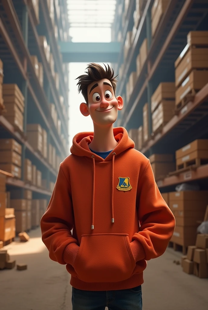 a male animated movie character in the Disney Pixar style, high qualiy, best quality , fleece sweatshirt , landscape of a factory, it's inside the production 