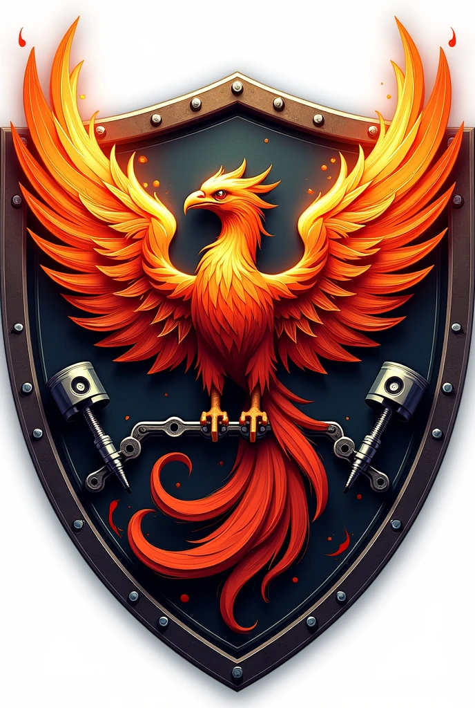 Phoenix bird logo with pistons and motorcycle chain and spark plugs enclosed in a shield
And fire
