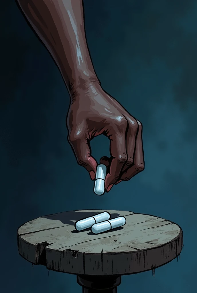 A hand of a dark-skinned man (sleeveless) from top to bottom about to pick up a single white cylindrical pill (With bent fingers), of an old round wooden table, , caricature drawing, everything in dark blue tones