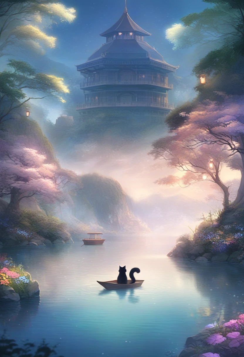 ((Masterpiece)), ((Best Quality)), (Very Detailed), ((Very Detailed)), 4K, (8K), very aesthetic, absurdres highres, 1 woman, (anthropomorphic cat, furry, kemono:1.5), Amidst the morning mist, reflected blue light illuminates the magical lake. Ripples spread across the surface of the lake, and a boat floats in the mist. The reflections on the lake's surface are beautiful, creating a peaceful and magical tranquility. Around the lake, colorful flowers bloom, their outlines vague in the mist. Old-fashioned lanterns are lit on top of the boat, and the soft light casts magical shadows through the mist. There is a small island in the depths of the lake, and an old stone tower stands on the island. On top of the tower is a flag waving in the wind, making a faint sound.
