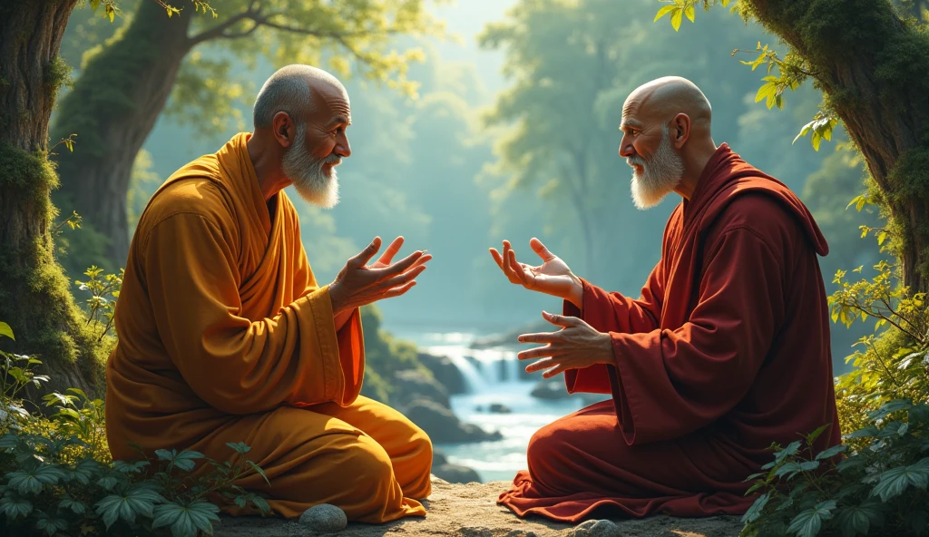 A monk giving advise to another monk in nature