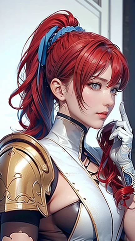 (8K, RAW photos, best quality, masterpiece:1.2), (Practical, photo-Practical:1.4), (extremely detailed CG unity 8K wallpaper), whole body (rogue:1.1) Women wearing gold jewelry (Leather Armor:1.3), Stitching the worn-out armor, (Extremely detailed:1.5), Gold and (White:1.5), concept art portrait of greg rutkowski, Artistic Germ, Super Fine、Intricate Gothic Art Trending on Artstation, Amazing, Intricate details, (Small blue highlights:1), (Red hair, curls, High Ponytail: 1.4)