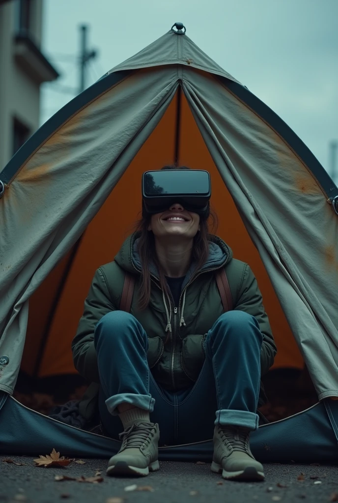 Homeless using vr in tent happy
