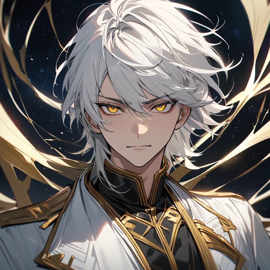 High quality, HD, 4k, no shadows, handsome male, handsome, 1male, 18 years old, 18yo, short white hair, white hair, white hair, white hair, sharp eyes, deep golden colored eyes, dark gold colored eyes, deep gold eyes, gold eyes, devil may cry, close up, calm expression, stoic expression, black leather clothes, white leather clothing, lean body, well trained body, upper body, looking at viewer, cowboy shot, white solar, space background