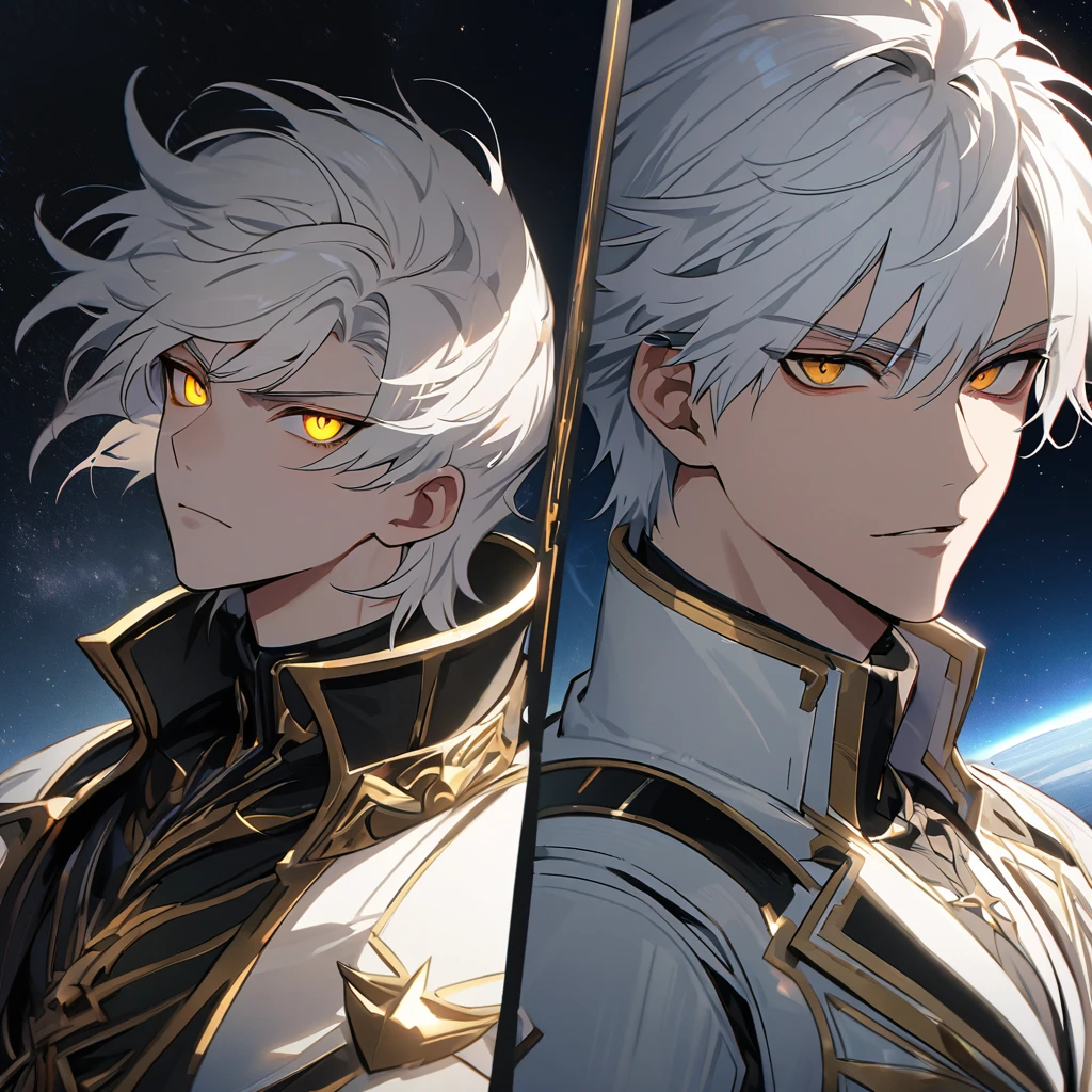 High quality, HD, 4k, no shadows, handsome male, handsome, 1male, 18 years old, 18yo, short white hair, white hair, white hair, white hair, sharp eyes, deep golden colored eyes, dark gold colored eyes, deep gold eyes, gold eyes, devil may cry, close up, calm expression, stoic expression, black leather clothes, white leather clothing, lean body, well trained body, upper body, looking at viewer, cowboy shot, white solar, space background