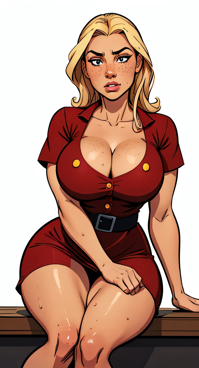 Thin woman, 4K (High definition), thoughtful, teacher in a red dress (of buttons) with a V-neck and short sleeves, black belt, pele caucasiana, shoulder length blonde hair, sitting, eyes browns, busty with freckles and little drops of sweat running down her forehead and her chest. comic style, white background.