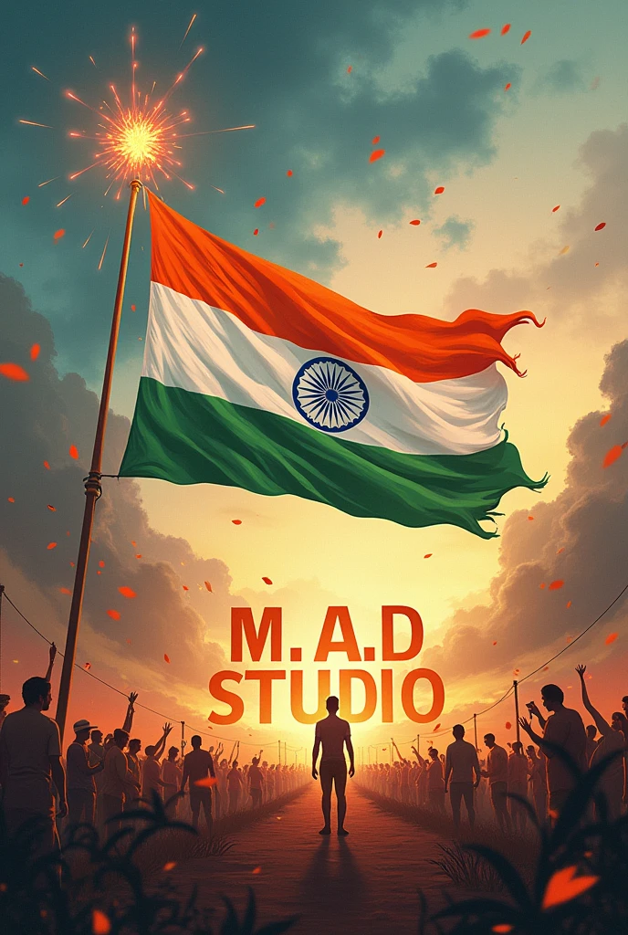 Happy independence day and indian flag
And add 'M.A.D STUDIO' in background