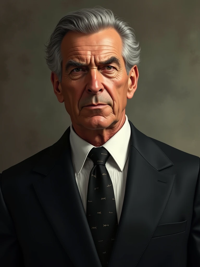 a A portrait of a man in black suit