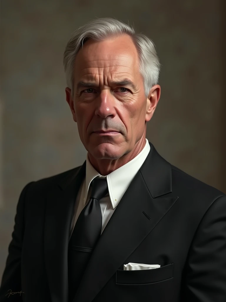 a A portrait of a man in black suit