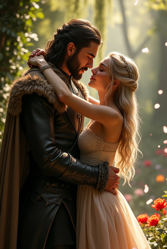 Create a hyper-realistic picture of Robb Stark and Margaery Tyrell as lovers