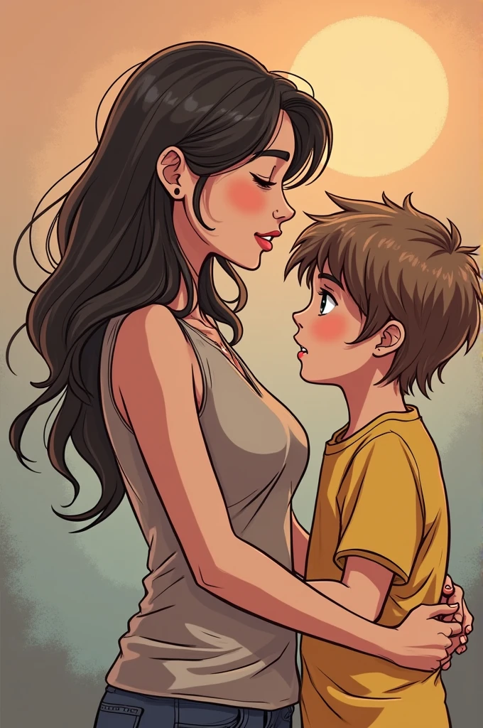 Create a comic of a women cheating with her son 
