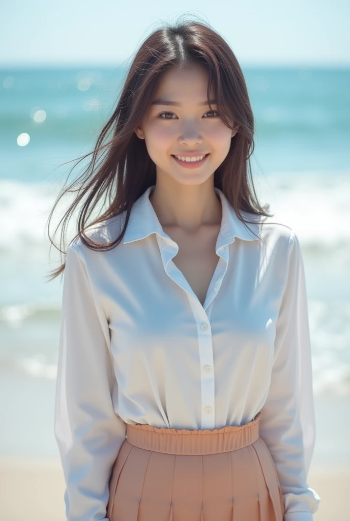 ((Highest quality)), ((masterpiece)), (detailed), Perfect Face,2 Japanese women,ager without makeup,Full body standing,Clean up to the toes,Huge breasts:1.3,Huge breasts:1.3,High bust top:1.3,Hard, Round Breasts:1.3,White shirt,Long skirt,((No Pat,Very good)),Bright smile,Soft sunlight on the beach,Thematic Depth,Clear focus,Natural and soft light