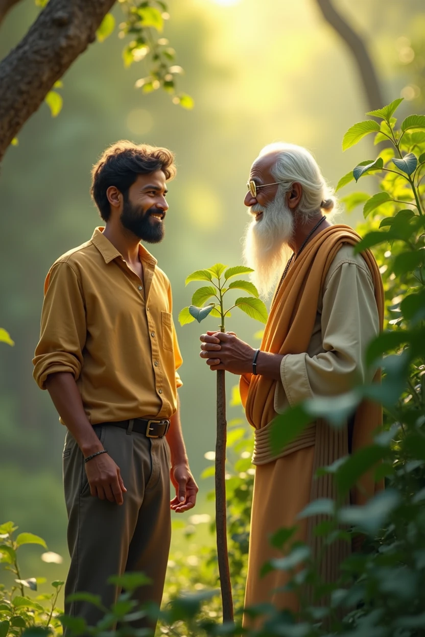 10. **Raju and An elderly, wise-looking man with a long white beard and a walking stick mix Together**: Raju, now confident and happy, stands with the old man near the grown plant. They both look at the plant with satisfaction, symbolizing Raju growth and the wisdom he gained.