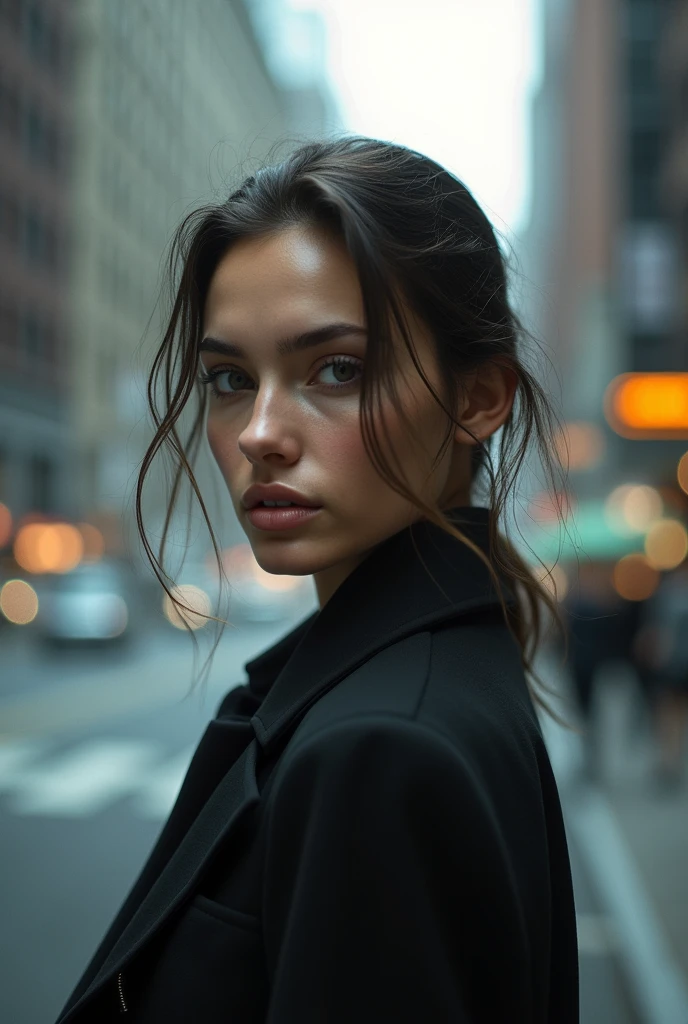a picture、(Photorealsitic:1.4)、(hyper realisitic:1.4)、(Cinematic:1.5)、Woman in her 20s、(beautiful and delicate face)、(High-quality eyes)、Fashion Photography、newyork、street、Building Street、tiffany、super model、Herblitz、lensflare、Steam Steam、monochrome