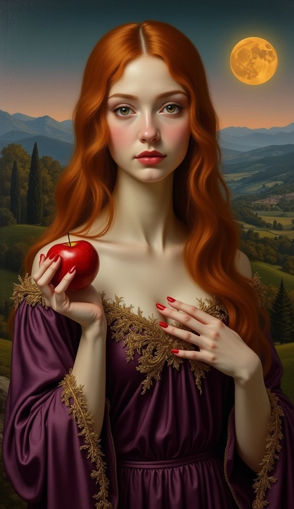 A masterpiece painting in the classical style depicting an exotic and beautiful woman with long hair, Red hair cascading down her back. She has fair skin and delicate features, With a calm expression, Look straight at the viewer. The woman is adorned in luxurious clothing, A deep purple velvet Renaissance dress with intricate gold embroidery on the neckline and sleeves. She holds a red apple in her hand, Stare, Offer to your audience. In the background、A twilight landscape is depicted with rolling hills and a full moon hanging in the sky。, Adding a mystical and serene atmosphere to the scene. Michelangelo style.
