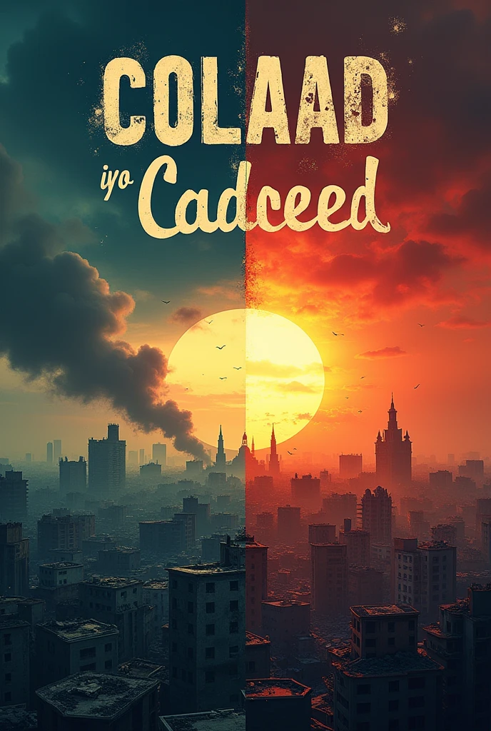 Here’s a refined and compelling concept for the cover of “Colaad iyo Cadceed” that incorporates striking imagery and symbolism:
Title and Overall Concept:
• Title: “Colaad iyo Cadceed” should be prominently displayed at the top of the cover. The title must be immediately eye-catching, using contrasting fonts to distinguish between the themes of conflict (“Colaad”) and hope (“Cadceed”).
• “Colaad”: Rendered in a jagged, distressed font, “Colaad” should evoke a sense of chaos and destruction. A deep, dark red or charcoal gray color could be used, representing bloodshed, turmoil, and the harshness of conflict.
• “Cadceed”: In contrast, “Cadceed” should be written in a smooth, flowing script that conveys warmth, renewal, and hope. A golden yellow or warm orange would symbolize sunlight breaking through the darkness, representing the promise of a new day.
Central Imagery - Mogadishu in Conflict and Renewal:
1. The War-Torn Cityscape:
• Visual Impact: The cover should feature a panoramic view of Mogadishu, with buildings in various stages of destruction. The cityscape should show the harsh realities of war—crumbling structures, smoke billowing from various parts of the city, and an overall atmosphere of despair. The sky above should be dark and foreboding, filled with heavy clouds and smoke, symbolizing the relentless nature of conflict.
• Details: Including recognizable landmarks from Mogadishu will ground the image in reality, making it more relatable and poignant. These landmarks should appear damaged but still standing, reflecting the city’s resilience despite the destruction.
2. A Glimmer of Hope - The Rising Sun:
• Symbolism of Light: A crucial element of the cover is the rising sun on the horizon, its rays gradually cutting through the dark, oppressive sky. The sun should be small but intensely bright, representing “Cadceed”—the hope and renewal that the people of Mogadishu are striving for.
• Contrast of Colors: The left side of the cover, representin