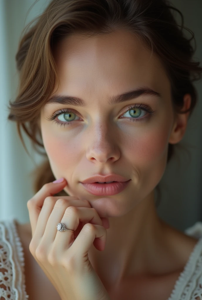 Norwegian woman ,  clear , clear green eyes , fine nose   , Short hair ,  discret smile , sexual arousal  brico ring 