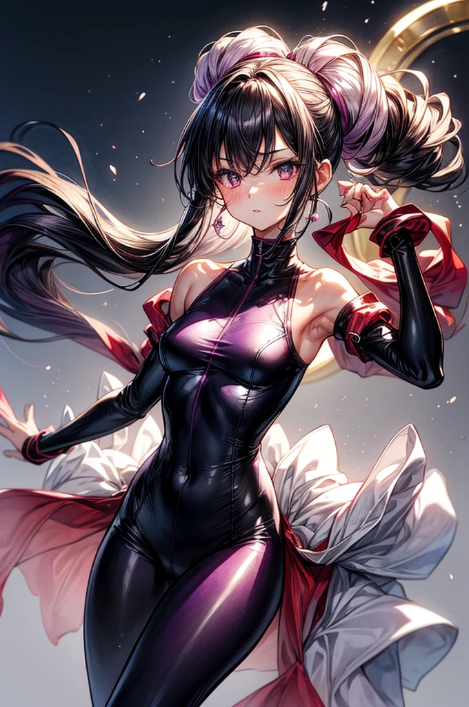 ((Sketch)), ((Watercolor)), ((best quality)), ((masterpiece)), (detailed), 4k image, anime style, beautiful young teenage woman, tanned white skin, oval shaped face, full cherry pink lips, big round velvet colored eyes,D-cup breasts, slender body, gym style full set knee length black unitard, Long and flowing Sleek dark violet purple-black hair tied up in a bun, small narrow waist, small but full curvy hips, height of about 185cm, modern gym background