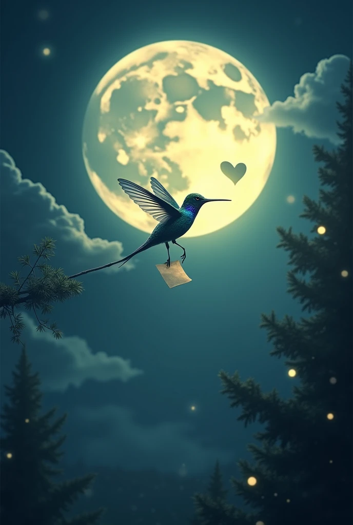 A full moon with a heart and a hummingbird crossing with a note in its beak