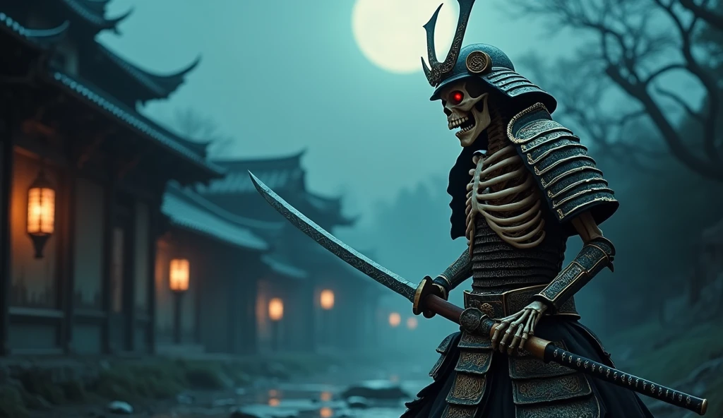 Create a cinematic horror scene with a hyperealistic close up of a samurai skeleton in the foreground, in an aggressive attack stance, his expression screaming in anger, raising his katana in a threat to attack. The samurai wears elegant, ornate armor with intricate filigree decorations that glow dimly in the dim light. The katana, also adorned with detailed engravings, stands menacingly. The background reveals a ruined traditional Japanese village, shrouded in darkness under a moonlit night. The village is eerie and desolate, with shadows casting sinister shapes across the broken structures. The samurai's expression is an eerie mix of rage and determination, with the skeletal features illuminated by a cold, ghostly light.

To achieve a realistic, cinematic look, use a high-end digital cinema camera with a full-frame sensor to capture the scene in ultra-high definition. A 50mm f/1.4 lens should be used to create a shallow depth of field, keeping the samurai sharply in focus while the background is slightly blurred, adding depth and drawing attention "The scene should be lit with a combination of soft moonlight and flickering torches, creating deep shadows and highlights that enhance the eerie atmosphere. Use an ISO of 400 to maintain detail in the low-light conditions, with an aperture of f/2.8 to balance the light, allowing the intricate details of the armour to be visible without overexposing the highlights. The shutter speed should be slow enough to capture the ambient light, but fast enough to freeze the movement of the samurai, creating a sharp and dynamic image. Colour grading should emphasise cool tones, with desaturated colours and a slight green tint to enhance the horror film feel, whilst contrast is increased to deepen the shadows and highlight the filigree details of the armour."
