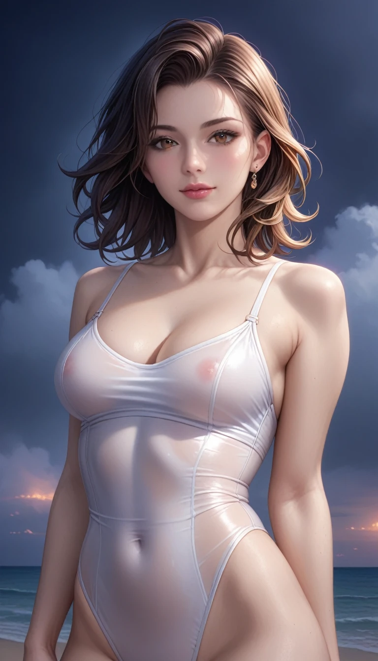 score_9, score_8_superior, score_7_superior, High-resolution CG illustration,A masterpiece in 32K resolution,Highest quality,it is really amazing,Very detailed,Ultra-high resolution,Ultra-realistic,Realistic,Increased depth of field,Cinematic lighting,
(Sexy mature Japan woman:1.1),
black straight medium hair,Ultra-detailed and beautiful face,Calm and gentle look,Beautiful brown eyes,Translucent white skin,Realistic skin texture,Great proportions,
Elegant high leg swimsuit,
Bold design,Chic color scheme,Detailed fabric texture,
(Dark overcast sky on a dull night:1.1),(Dark clouds filling the sky:1),(Thundercloud:1),Coastline at night,Stormy seas,(delay々A desolate sandy beach that continues:1),
Cinematic Angle,