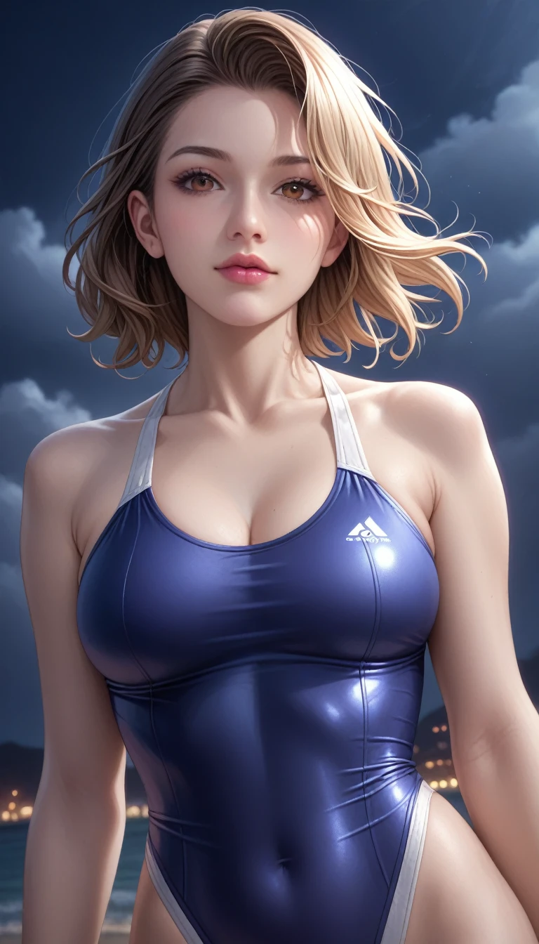 score_9, score_8_superior, score_7_superior, High-resolution CG illustration,A masterpiece in 32K resolution,Highest quality,it is really amazing,Very detailed,Ultra-high resolution,Ultra-realistic,Realistic,Increased depth of field,Cinematic lighting,
(Sexy mature Japan woman:1.1),
black straight medium hair,Ultra-detailed and beautiful face,Calm and gentle look,Beautiful brown eyes,Translucent white skin,Realistic skin texture,Great proportions,
Elegant high leg swimsuit,
Bold design,Chic color scheme,Detailed fabric texture,
(Dark overcast sky on a dull night:1.1),(Dark clouds filling the sky:1),(Thundercloud:1),Coastline at night,Stormy seas,(delay々A desolate sandy beach that continues:1),
Cinematic Angle,