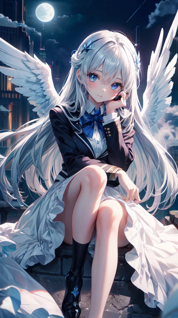 ((masterpiece, sidelighting, finely detailed beautiful eyes: 1.2)), ultra-detailed, ultra high res, professional lighting, high quality makeup, beautiful detailed eyes, sexy, beautiful, big eyes, (large breasts), (drooping eye:1.2), seraph, solo, alone, slender body, (silver long wavy hair), (Circle of Angels:1.1), (Angel Wings:1.1), (white school uniform, blazer:1.2), blue sapphire eyes, wide sleeves, outdoors, metropolis, moon light, highest quality, ultra detailed, Soft light,  (rime:1.3), Extremely cute, (extremely detailed beautiful face), Authentic skin texture, beautiful hair, beautiful face, beautiful eyes, beautiful body, beautiful hands, from below