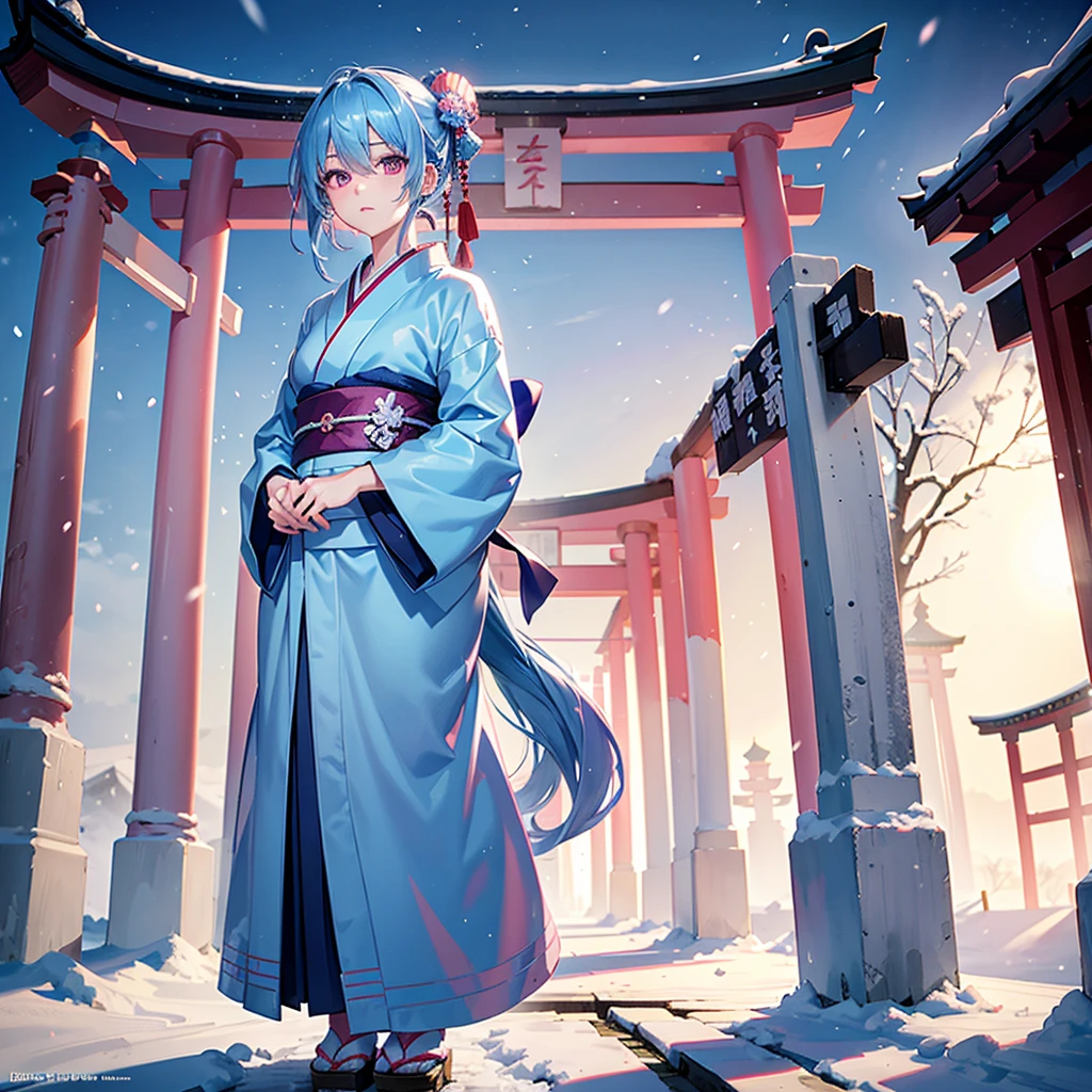 (Sky blue hair tied in a single strand),(Pink Eyes),Fair Skin,Full Body,Alone,Snowy Night,Drawing a divine lot at a temple,torii,japanese kimono,Masterpiece, Top Quality, Very Detailed, Best Shadows,Detailed Background,Beautifully Detailed Face,High Contrast,Best Lighting, Very Delicate and Beautiful,Cinematic Light,Hyper Detail,8k,Dramatic Light,Exquisite Detail,