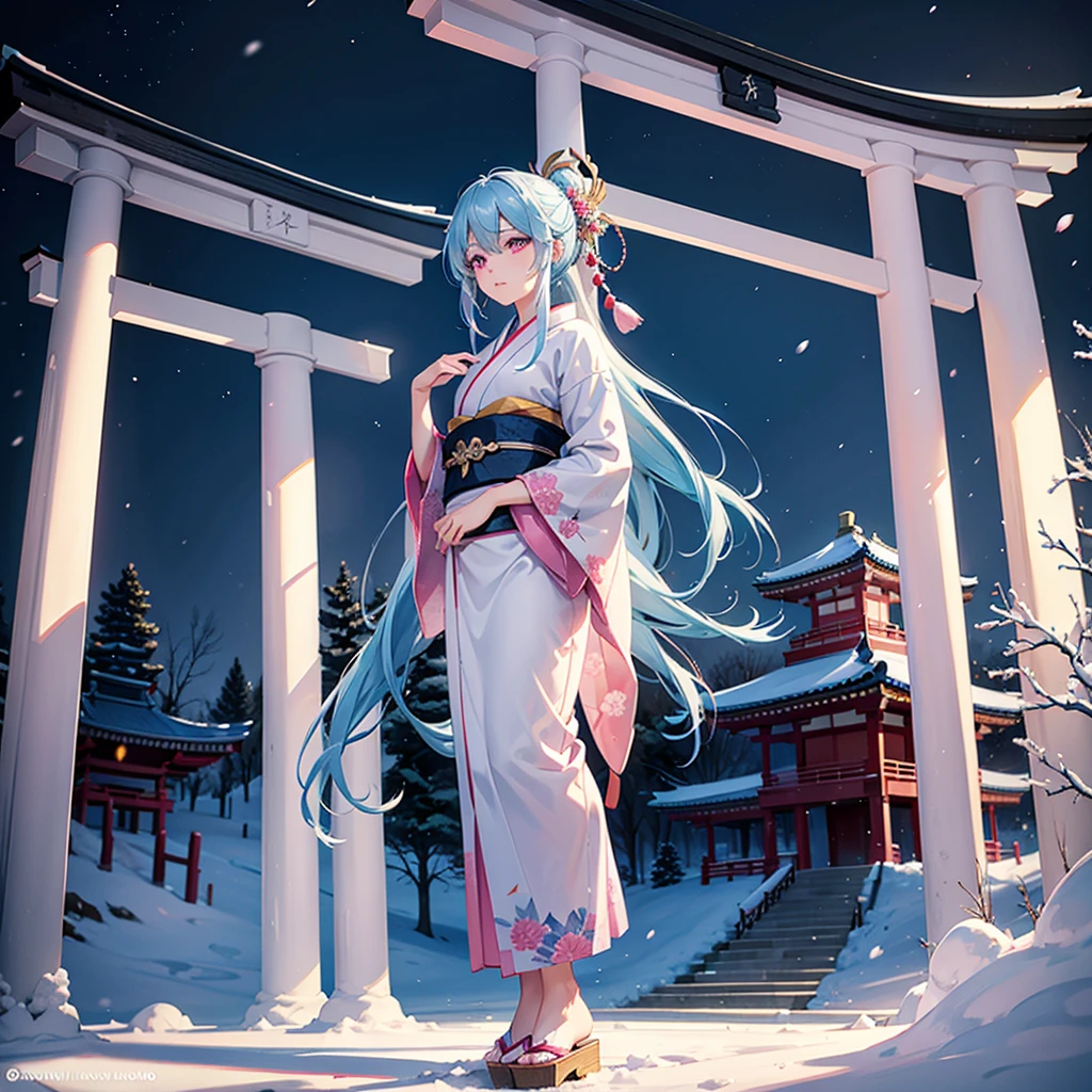 (Sky blue hair tied in a single strand),(Pink Eyes),Fair Skin,Full Body,Alone,Snowy Night,Drawing a divine lot at a temple,torii,japanese kimono,Masterpiece, Top Quality, Very Detailed, Best Shadows,Detailed Background,Beautifully Detailed Face,High Contrast,Best Lighting, Very Delicate and Beautiful,Cinematic Light,Hyper Detail,8k,Dramatic Light,Exquisite Detail,