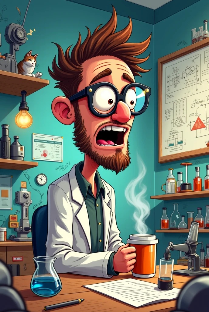 Cartoon style, a 35-year-old scientist addicted to coffee and loving technology in a laboratory.