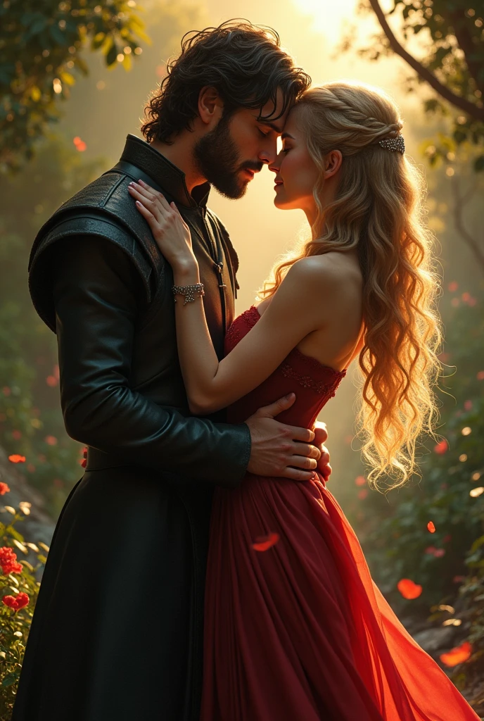 Create a hyper-realistic picture of Robb Stark and Margaery Tyrell as lovers