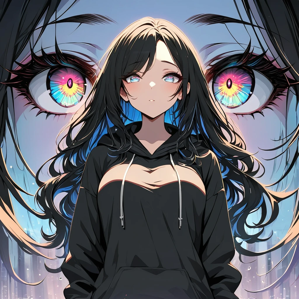 Masterpiece, Very detailed, Ultra-detailed, one tall beautiful woman, Masterpiece, Very detailed, Ultra-detailed, lovely wavy black hair, beautiful eyes, multicolored mixed ed eyes, attractive, black hoodie, inabakumori art style,しかし, mental collapse