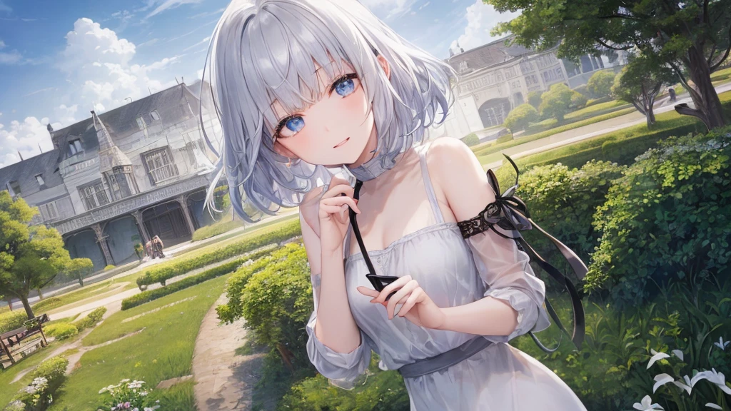 Ultra HD,Look at the viewers, Place your hands behind your back, and, 20-year-old, 非常にshort hair, Long bangs between the eyes, Pale blue eyes, Very detailed,(masterpiece、Highest quality),Gray Hair、Laughter、wonderful, Silver Hair, iris, short hair、 Fluttering Hair、Small face、明るいsmile、(Detailed face) ,Professional Lighting,wonderful風景,blue sky, sunlight,Looking down from above,Portraiture、Open your mouth、Flower Field、Her eyes were shining、Mysterious and enchanting atmosphere。With AI Painting、andてもshort hair, Long bangs between the eyes, Very detailed,(masterpiece、Highest quality)、alone、Gray Hair、Fantasy, Silver Hair, Fantasyな風景、smile、Open your mouth、short hair、short hair、hairpin、black eye、Grey Eyes、Beautiful Eyes、Black Shirt、White hoodie