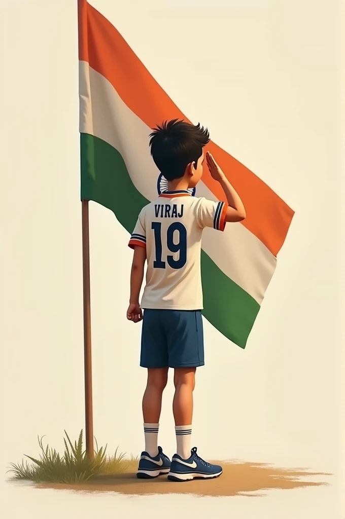 A boy standing wearing Indian jersey on which Viraj written and the jersey number is 19 saluting towards the Indian flag
