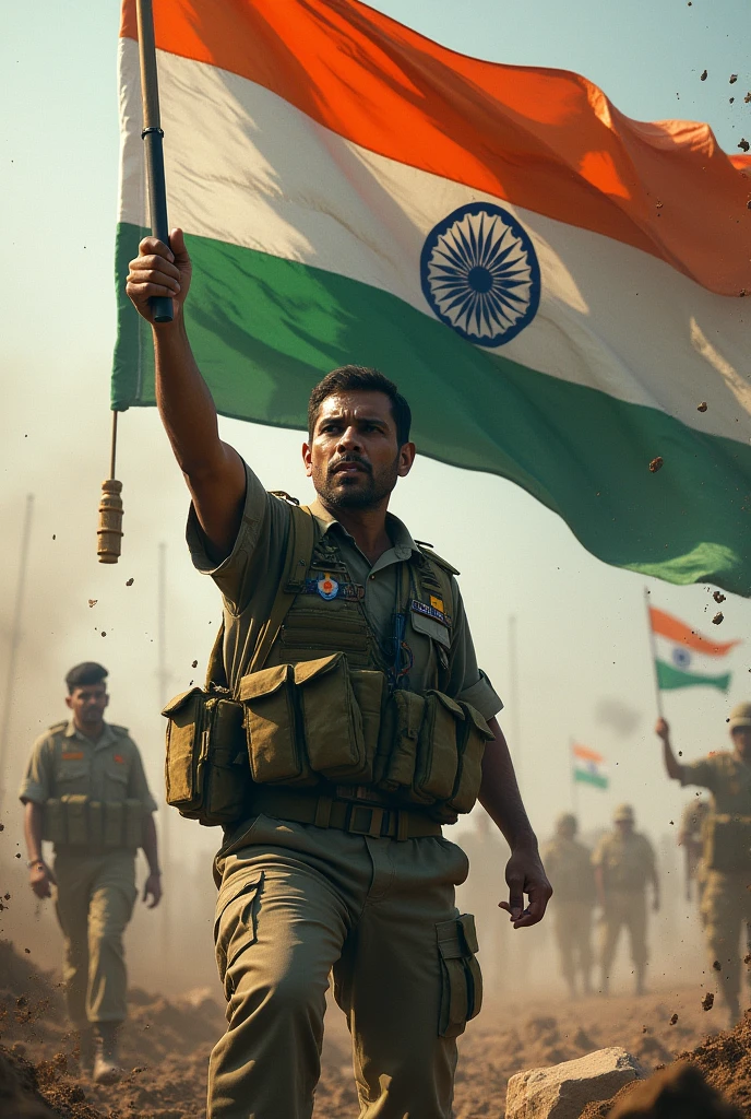 Blooded soldier holding Indian flag