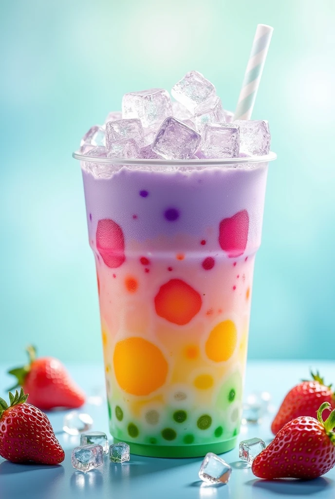 An advertising for Big cup fill with ice and flavours drink.. Each 5  cup of drink contain different colour such as milky strawberry, milky chocolate, milky purple, milky mango, milky greentea. Topping with crystal clear ice cube. HD, realistic, 8k, fresh, advertising 