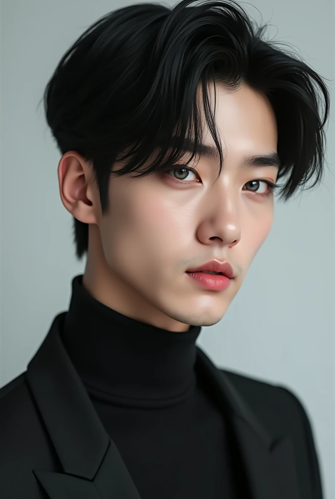 (photorealism:1.2), korean idol man, grey eyes, black hair