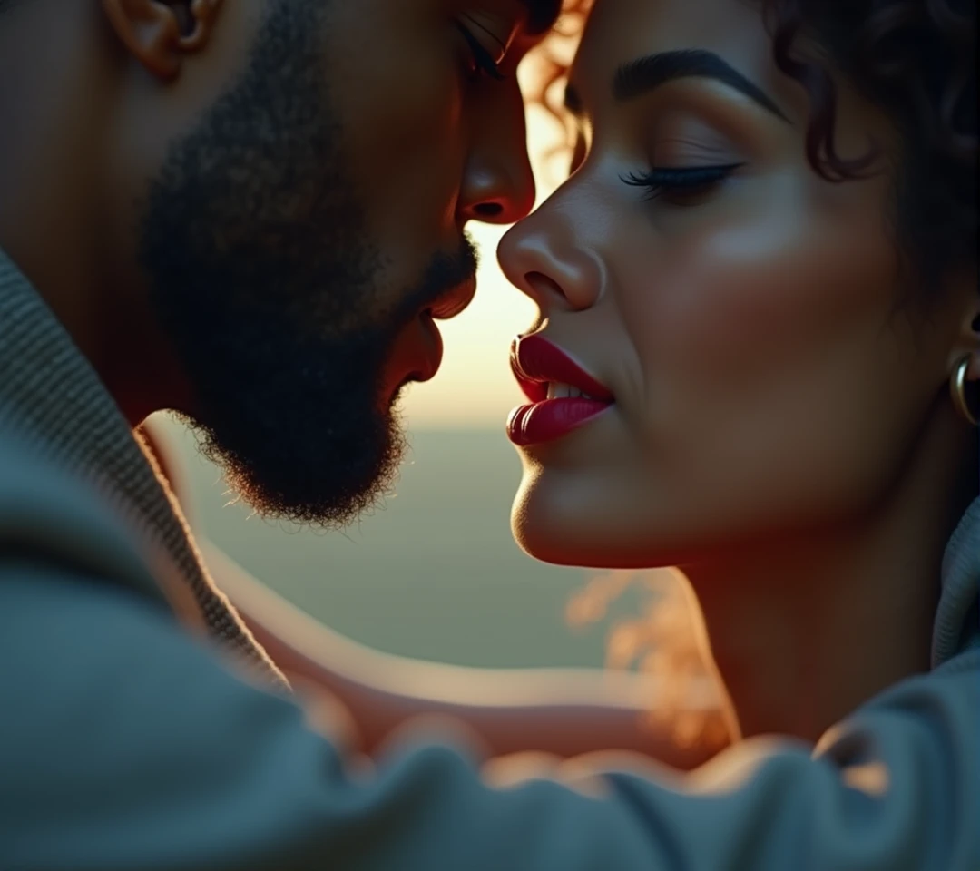 a close-up shot of a handsome black man short haircute and an Afro-Latina woman red lips kissing, their lips close together, cinematic lighting, romantic atmosphere, detailed facial features, beautiful skin tones, chiaroscuro lighting, dramatic shadows, intense eye contact, passionate embrace, high quality, photorealistic, 8k, cinematic, dramatic