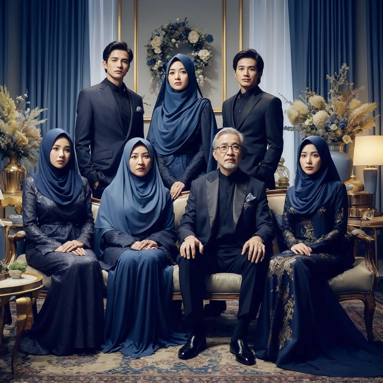 Studio Photography, close up, Indonesian, 7 members including one couple aged 60 sits on chair, stand behind them there's two man aged 32 and 25, and with three woman each aged 42-34 they wearing long pasmina hijab, all wearing dark blue formal suit for man and gamis dress for women in dark blue colored, sets at studio with blue gold luxurious living room, flower vases, side tables, aethestic decoration, gorden, fresh colour, UHD, 8K