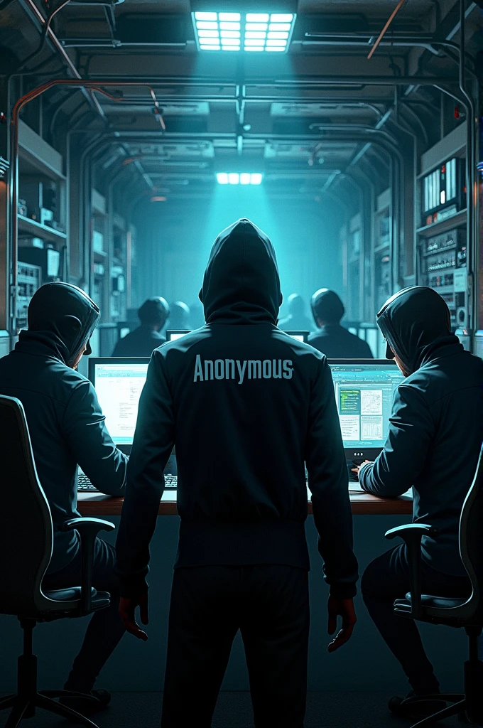 A group of hackers are hacking into a computer. There is one man wearing a black suit with the words anonymous on the back of his shirt. Image quality 4K. 