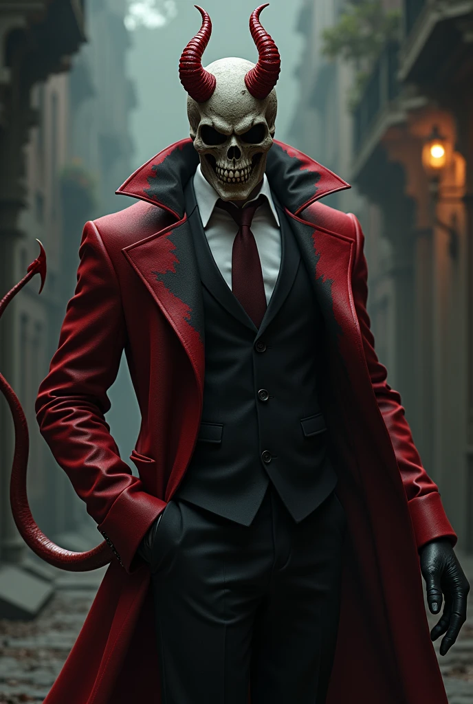 A beautiful man with a half of a skull mask with a suit combination of red and black in full body with a horns which is red and a devil tale and a fang