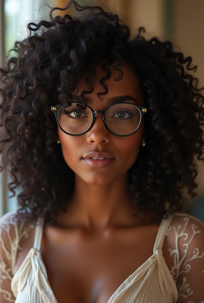 Young black woman with curly hair and glasses, delicate, stylish, fat
