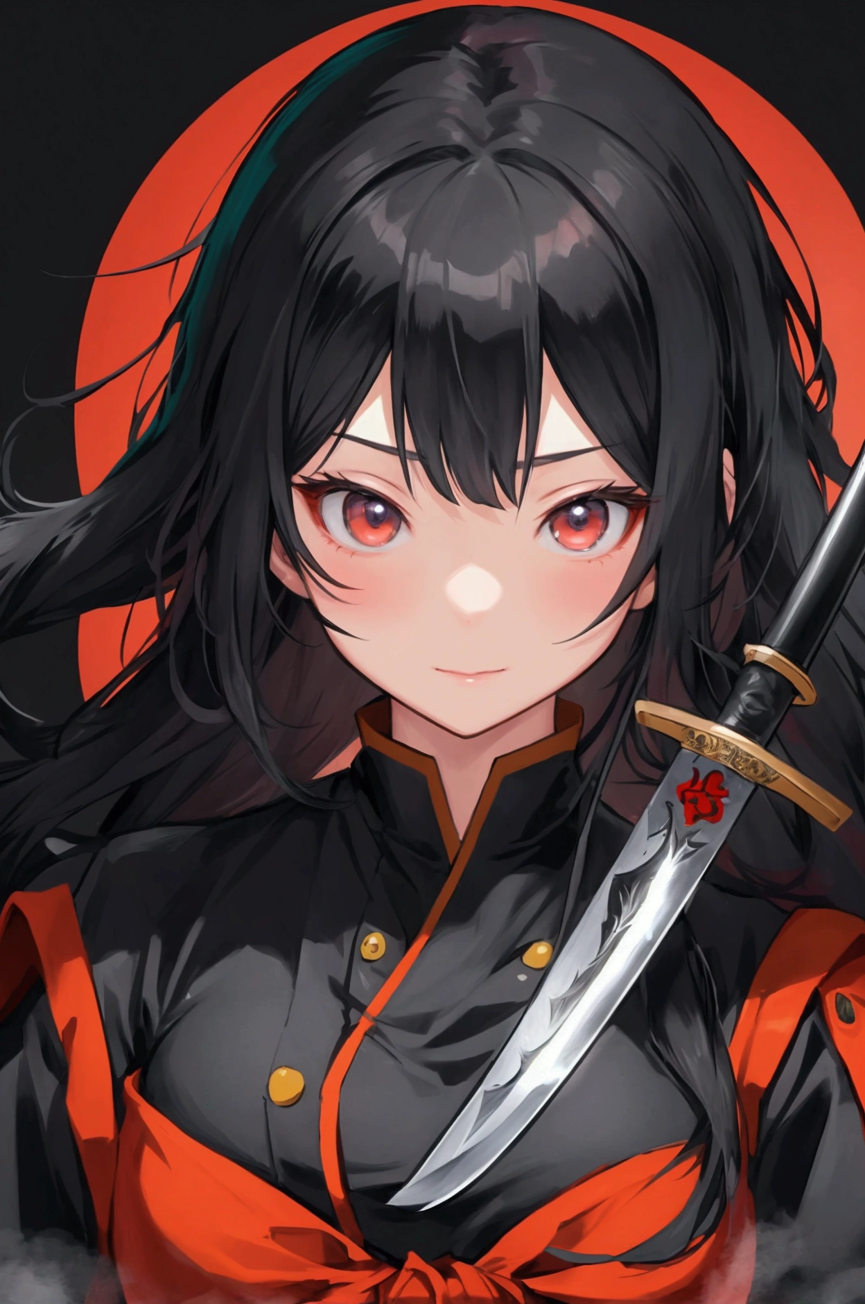 An anime girl with long black hair is holding a sword., she is holding a knife sword, kunoichi, 薙knifeを持ったキツネの野武士, Maid, :14 80s anime style, knife, Female Anime Characters, Black-haired wizard, knife zero video game character, Inspired by Sukenori Nishikawa portfolio Character Design Manga style Japanese style