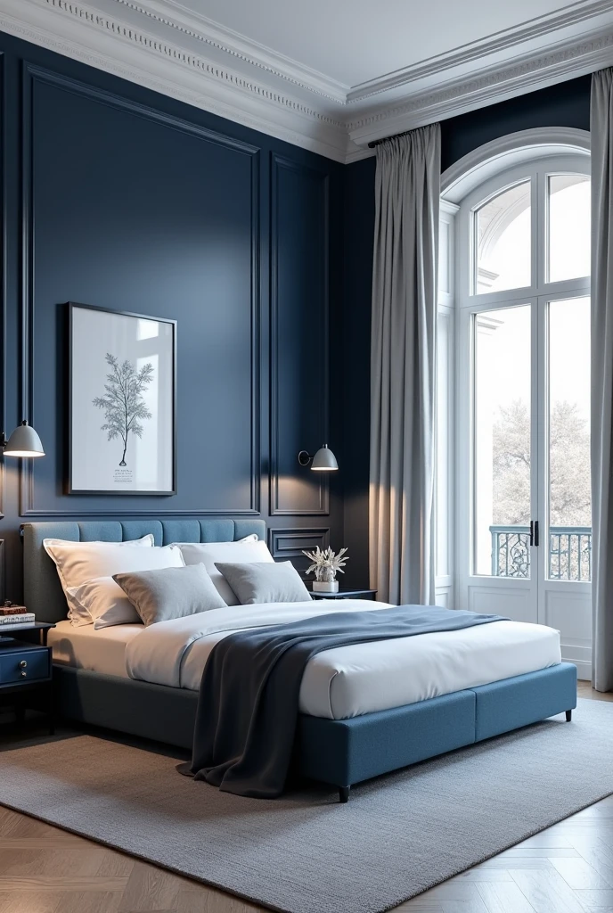 Professional 3d architecture rendering design of modern and   Dark blue  and white  French design for bedroom 