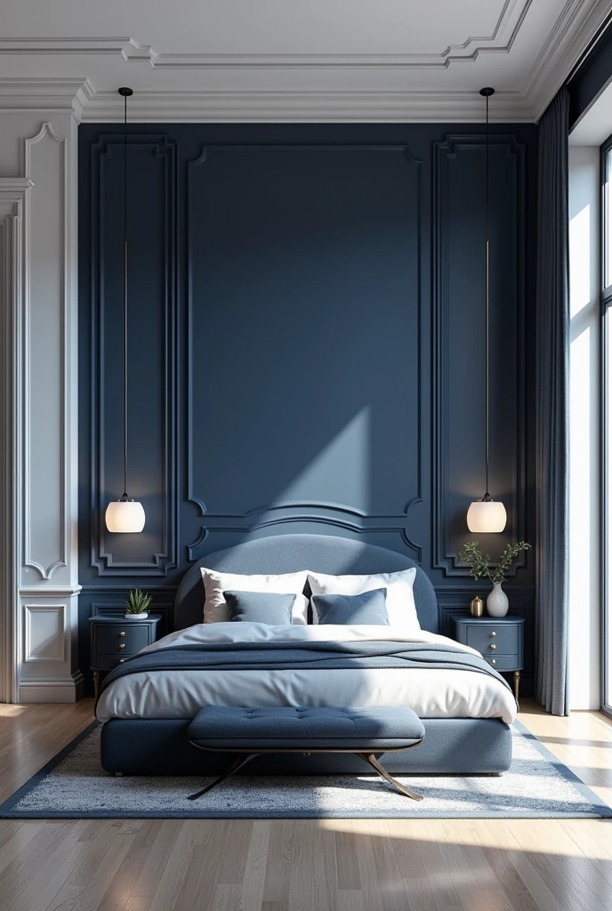 Professional 3d architecture rendering design of modern and Dark blue and white French design for bedroom
