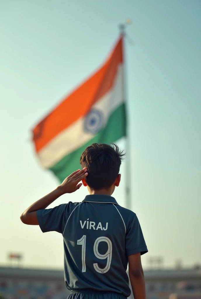 A boy standing wearing Indian jersey on which Viraj written and the jersey number is 19 saluting towards the Indian flag 