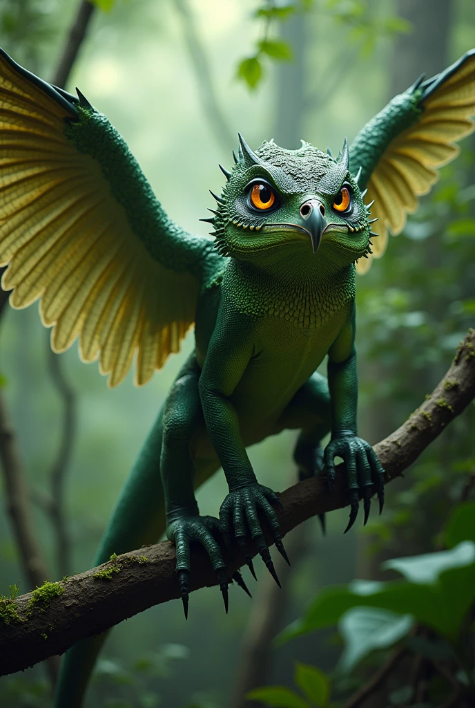 (best quality, masterpiece, ultra detailed, ultra high res, photorealistic, raw photo, absurdres, absolutely resolution), A fictional creature that combines a "lizard" and an "owl": "Tokauru"
Tokauru has a body covered with lizard-like scales and is generally green in color. It has owl-like feathers on its back, and when it spreads its wings, the pattern of an owl's feathers appears. Its head resembles an owl's, with large eyes and a sharp beak. Its eyes are yellow and have the ability to glow in the dark. Its limbs are long and slender like a lizard, with sharp claws at the tips, making it suitable for climbing trees. It also has a long tongue, which it uses to capture prey. Its tail is long and is used for balance.