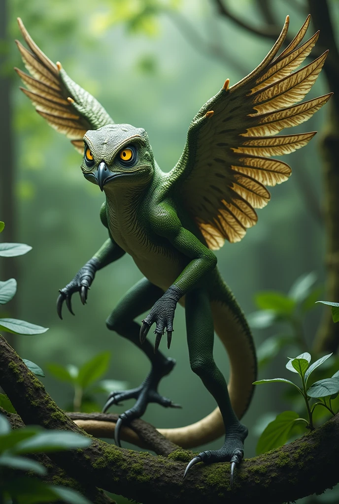 (best quality, masterpiece, ultra detailed, ultra high res, photorealistic, raw photo, absurdres, absolutely resolution), A fictional creature that combines a "lizard" and an "owl": "Tokauru"
Tokauru has a body covered with lizard-like scales and is generally green in color. It has owl-like feathers on its back, and when it spreads its wings, the pattern of an owl's feathers appears. Its head resembles an owl's, with large eyes and a sharp beak. Its eyes are yellow and have the ability to glow in the dark. Its limbs are long and slender like a lizard, with sharp claws at the tips, making it suitable for climbing trees. It also has a long tongue, which it uses to capture prey. Its tail is long and is used for balance.