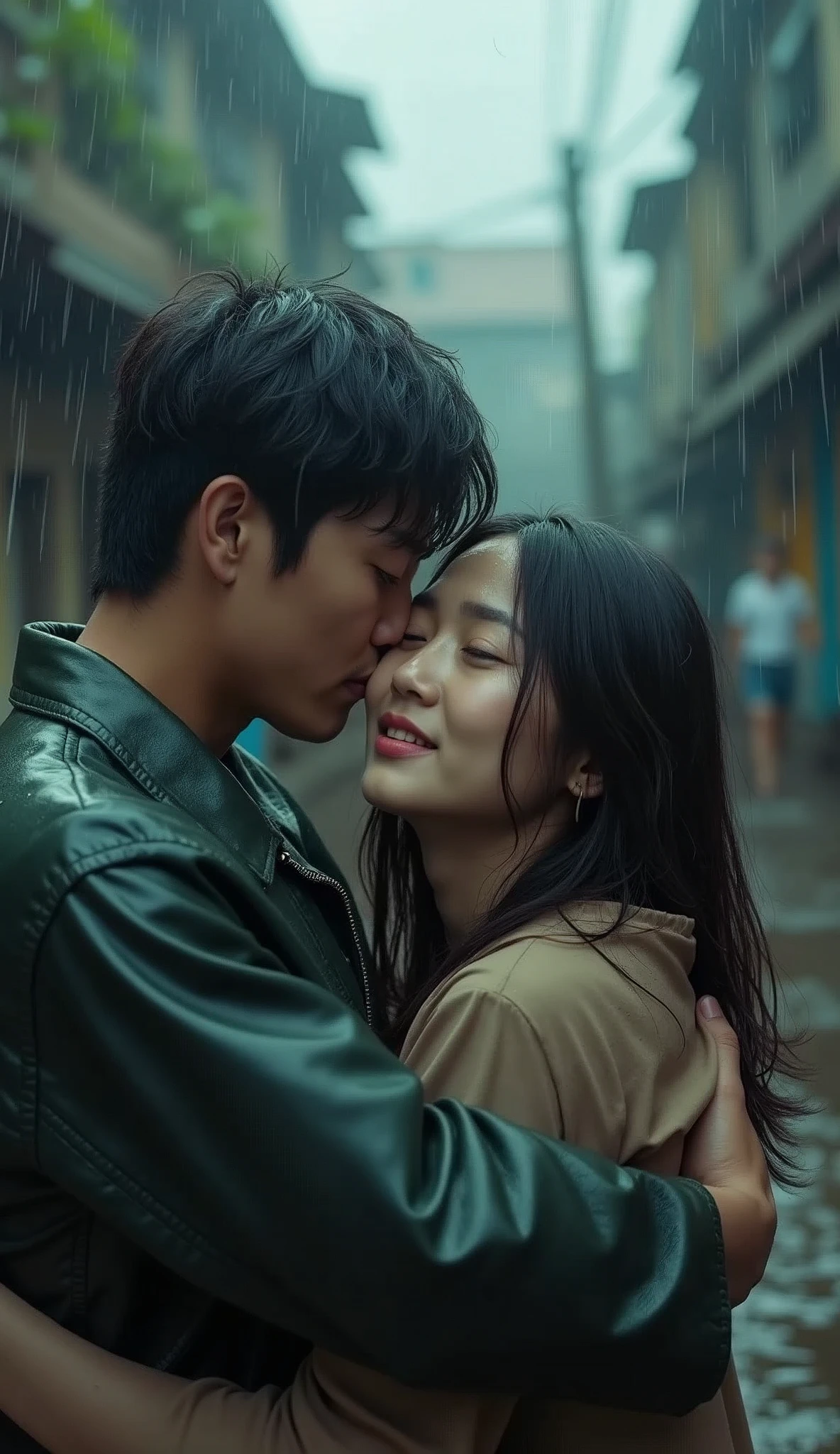 A charming cinematic scene set in the rain-soaked slums of Jakarta, where two romantic couples are captured sharing an intense emotional moment. Ahn Bo Hyun, with her eyes closed and tears streaming down her face, was hugged by Gong Yoo, who had shoulder-length hair and a concerned but loving expression. Their relationship and affection is clearly visible and shines through the frame. In the background, another couple is caught in the rain, embracing each other gently and intimately. Intricate detail, realistic lighting and sharp focus create an intense atmosphere, as if this moment was taken straight from a powerful and tear-jerking film. full body photo